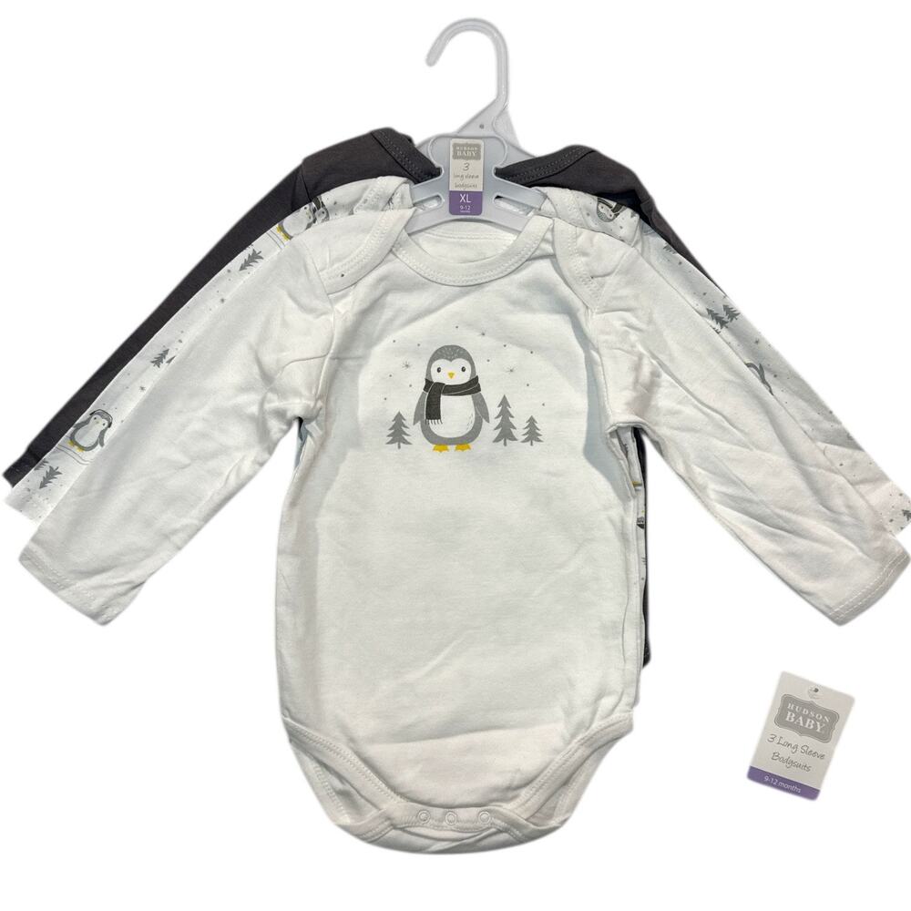 Hudson Baby 3-Pack Penguin Long Sleeve Bodysuits Unisex 9-12 Months Cotton NWT